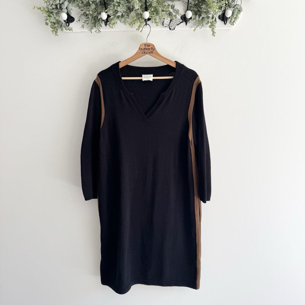 Wrap London Black V Neck Long Sleeve Sweater Dress Size 12 Cotton Brown Trim #VW